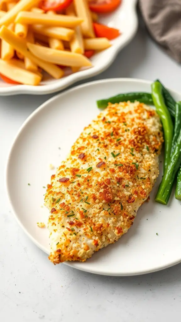 Panko crusted fried tilapia served with green beans and pasta