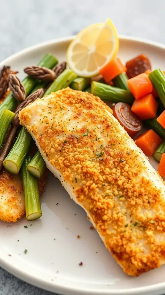 A plate of garlic herb breaded tilapia served with green vegetables and carrots, garnished with a lemon slice.