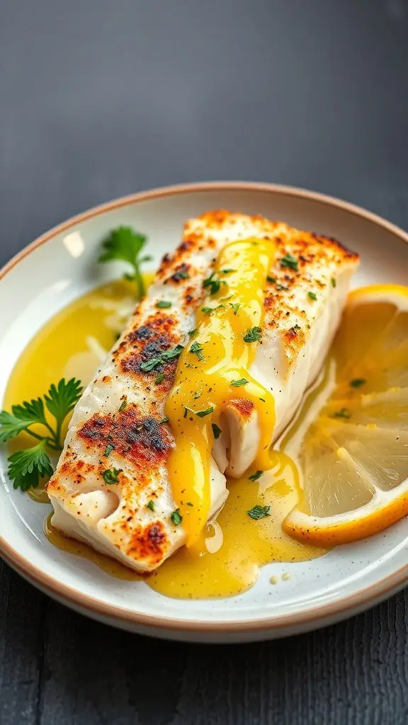 Baked cod with lemon herb butter sauce, garnished with parsley and lemon slices