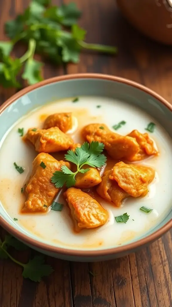 A bowl of chicken curry with coconut milk, garnished with cilantro.