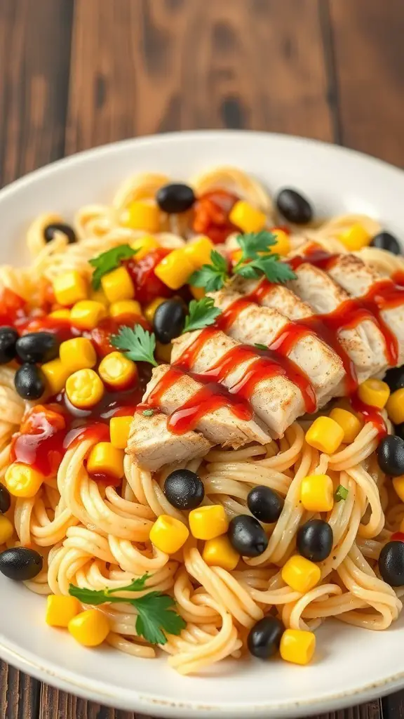 A plate of BBQ Chicken Rotini Salad with pasta, grilled chicken, black beans, corn, and BBQ sauce.