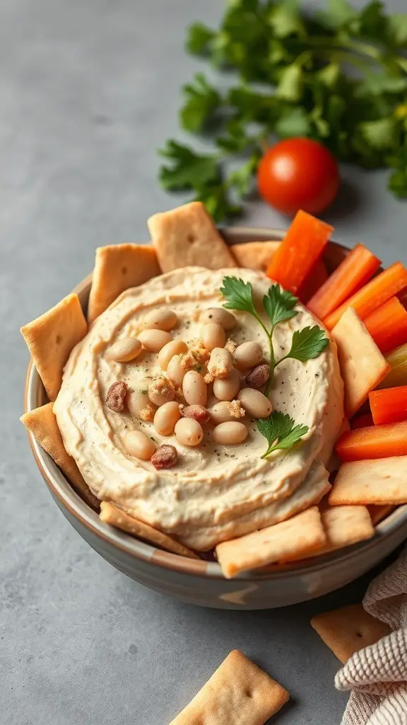 A bowl of Tuna and White Bean Dip surrounded by crackers and carrot sticks