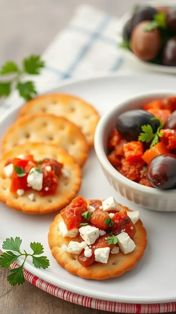 Crackers topped with roasted red pepper and feta spread, garnished with herbs, alongside a bowl of olives.