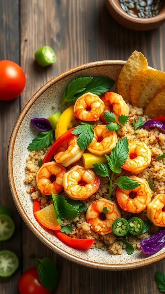 A bowl of spicy shrimp and quinoa with colorful vegetables and herbs.