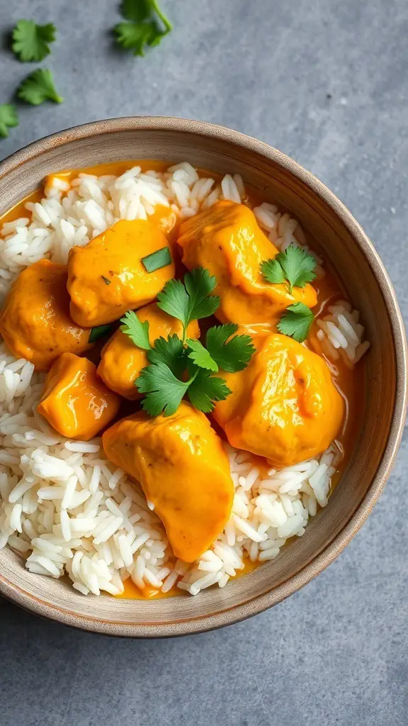 A bowl of Coconut Curry Chicken served over rice with fresh cilantro on top.