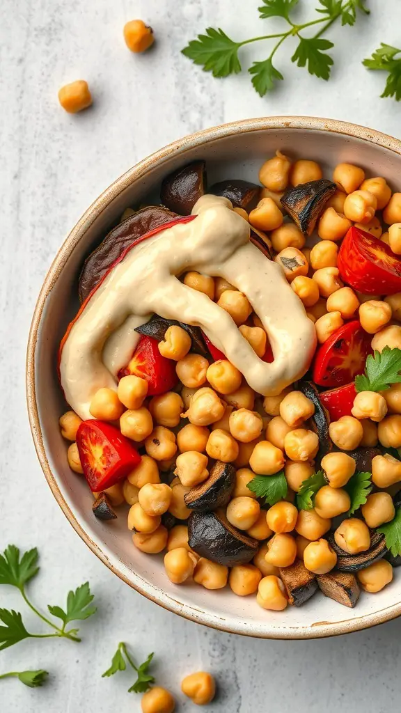 A bowl filled with roasted vegetables and chickpeas, topped with tahini sauce and garnished with parsley.