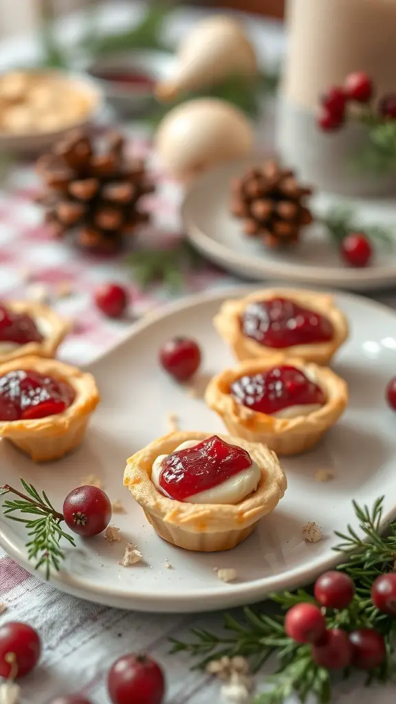 A plate of cranberry brie bites topped with cranberry sauce, surrounded by festive decorations.