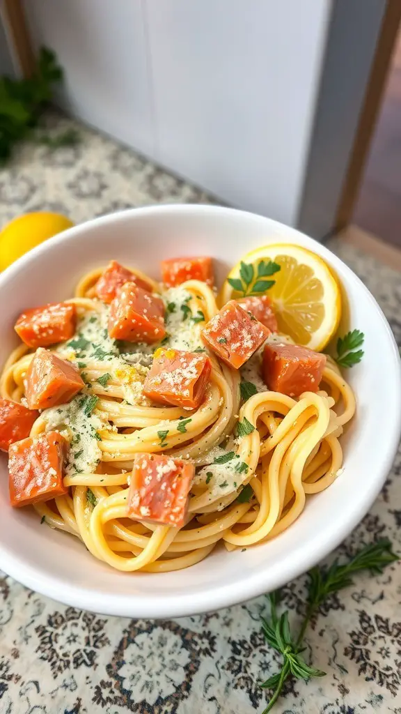 A bowl of pasta with canned salmon, lemon cream sauce, and garnished with parsley.