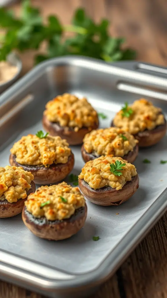 A tray of stuffed mushrooms topped with a creamy filling, garnished with herbs.