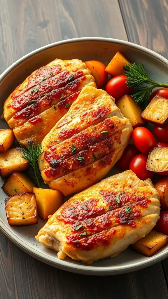 Baked chicken tenderloins with smoky paprika, served with roasted potatoes and cherry tomatoes.
