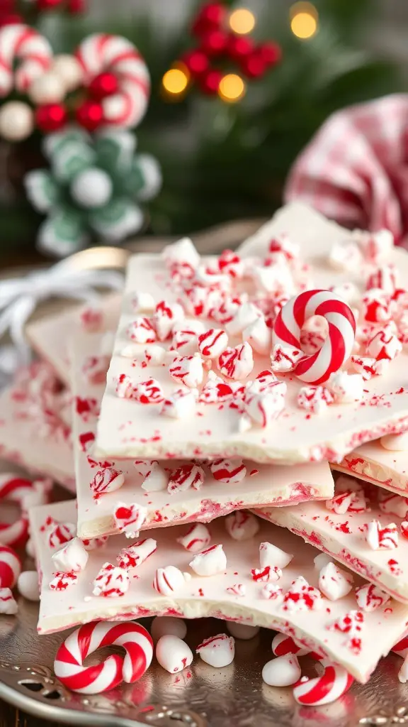A plate of peppermint bark topped with crushed peppermint candies and mini candy canes, surrounded by festive decorations.