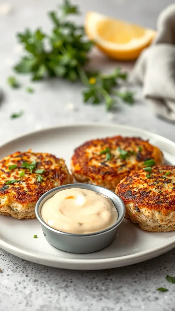 Three salmon cakes on a plate with a bowl of remoulade sauce and a lemon wedge in the background.