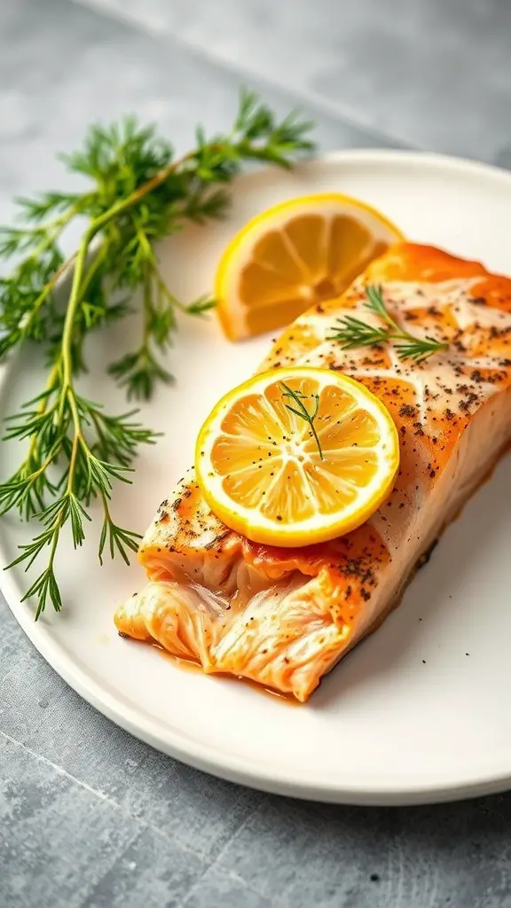 A plate of baked salmon garnished with lemon slices and dill