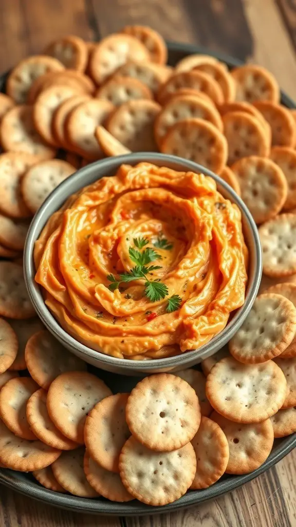 A bowl of spicy salmon dip surrounded by crackers