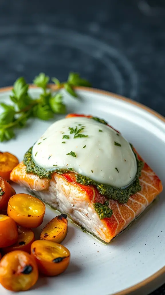 Pesto and mozzarella stuffed salmon with roasted cherry tomatoes
