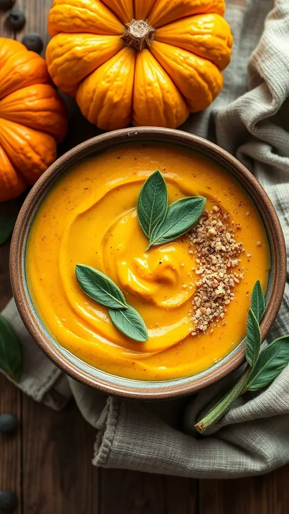 A bowl of creamy pumpkin and sage puree, garnished with sage leaves and served with fresh pumpkins in the background.