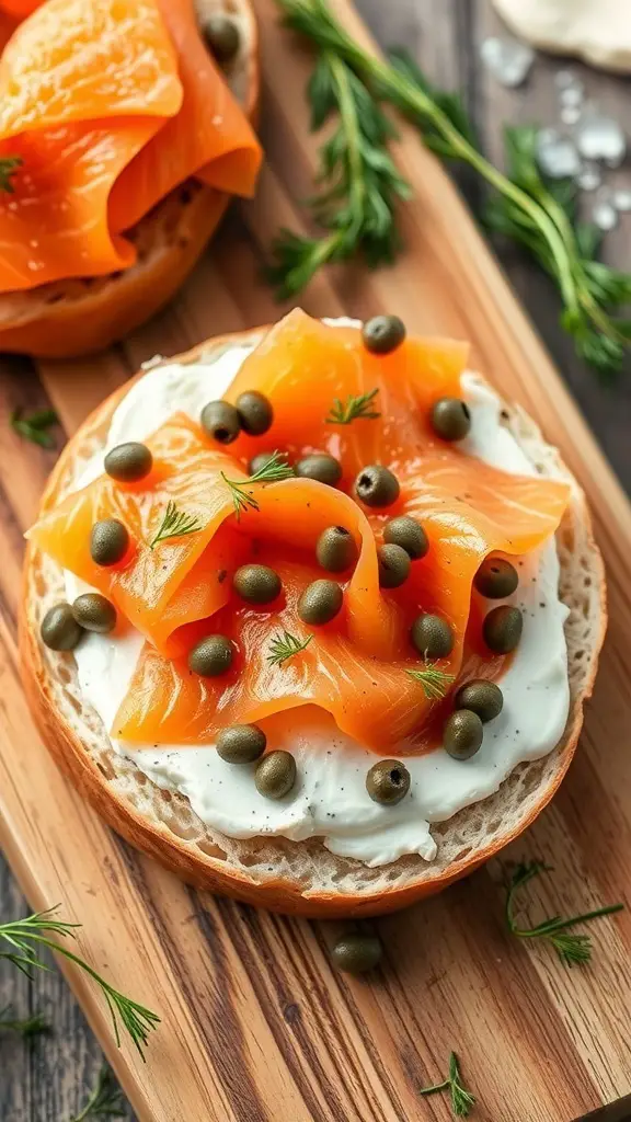 A classic smoked salmon bagel topped with cream cheese, capers, and dill on a wooden board.
