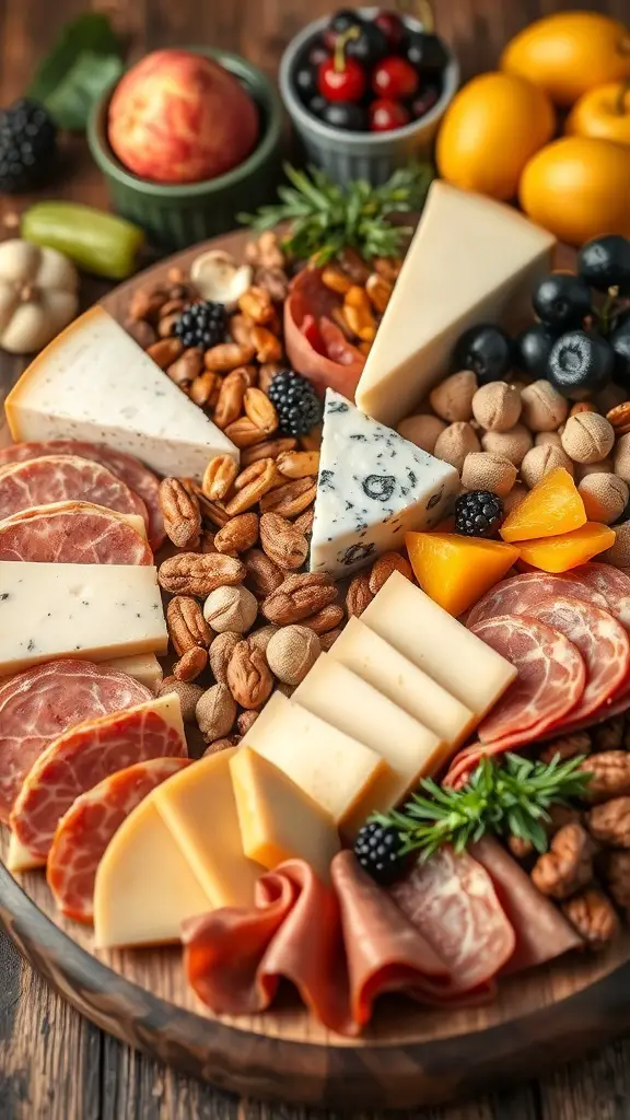 A beautifully arranged cheese and charcuterie board featuring various cheeses, cured meats, nuts, and fruits.