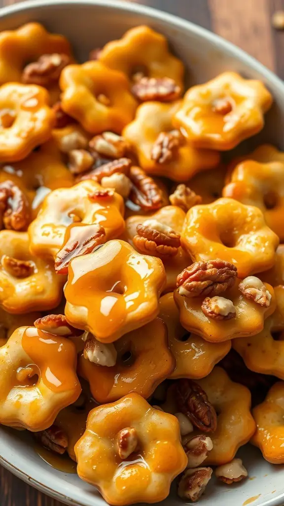 Bowl of maple glazed oyster crackers with pecans