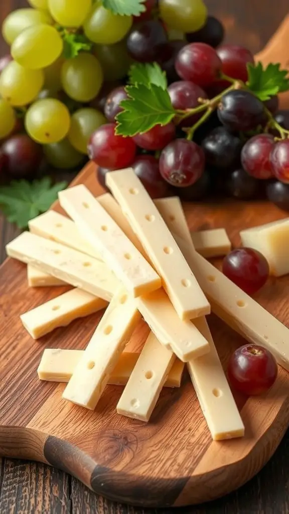 A wooden board with string cheese sticks and a mix of green and red grapes.