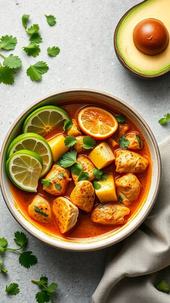 A bowl of spicy chicken and avocado stew with lime and orange slices, garnished with cilantro.