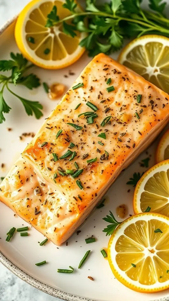 A plate of Lemon Garlic Butter Salmon garnished with lemon slices and herbs.