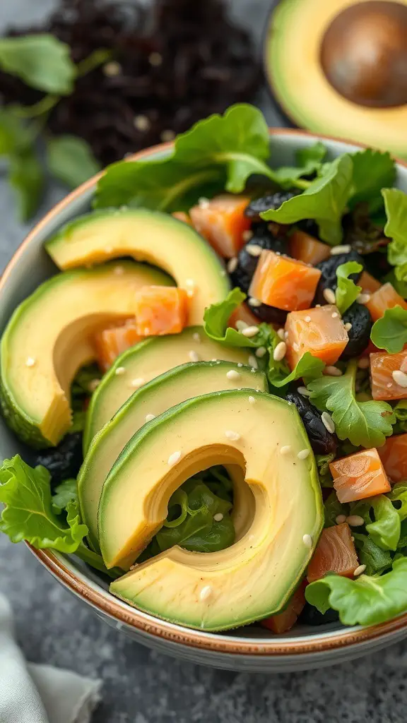 A bowl of creamy avocado salmon salad with sliced avocado, salmon, greens, and sesame seeds.
