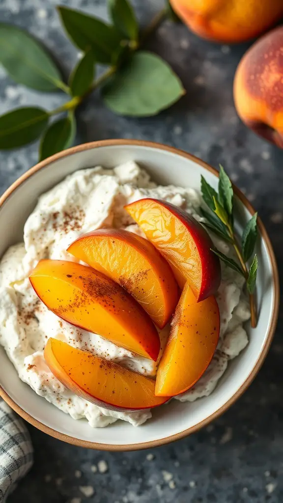 A bowl of cottage cheese topped with sliced peaches and a sprinkle of cinnamon, with whole peaches in the background.