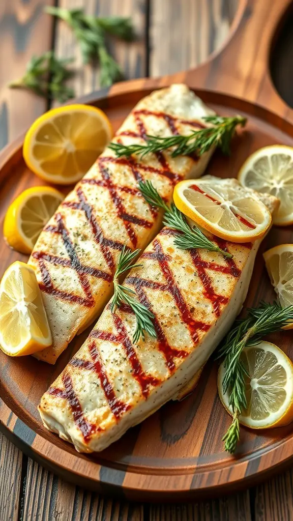 Grilled tilapia fillets garnished with lemon slices and dill on a wooden plate