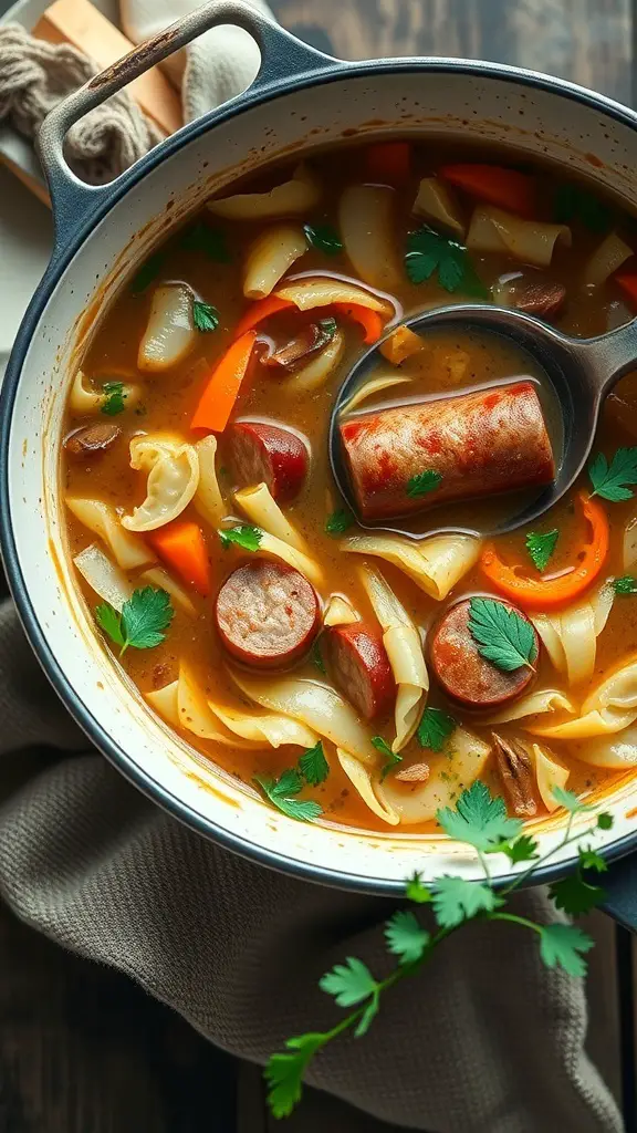 A pot of cabbage and sausage soup with noodles and colorful vegetables.