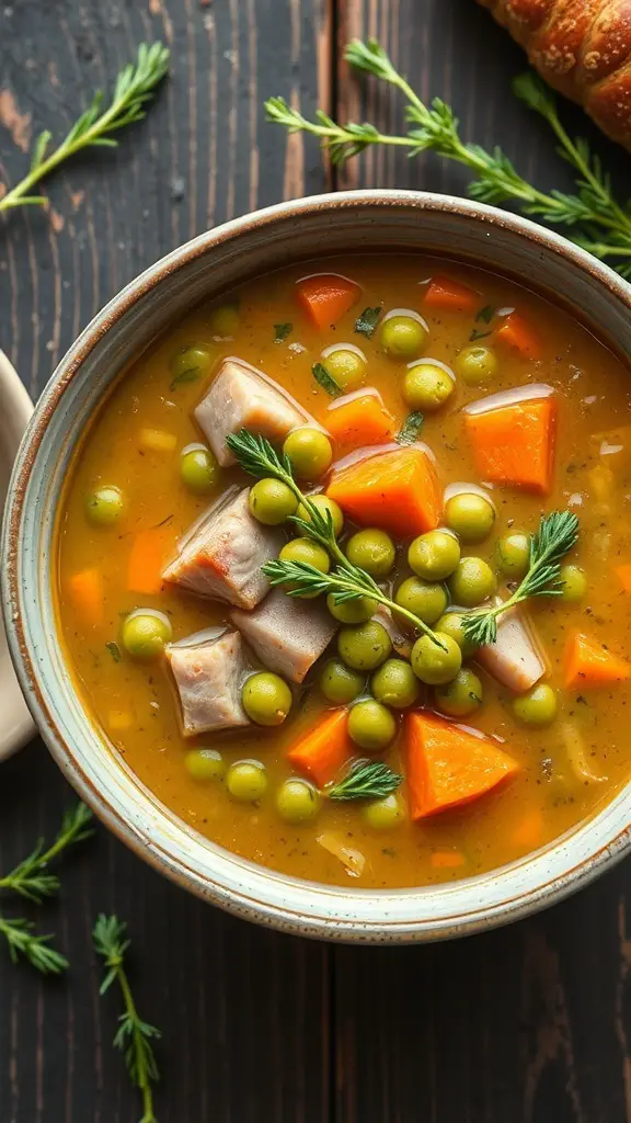 A bowl of thick split pea soup with carrots, green peas, and herbs on a wooden table.
