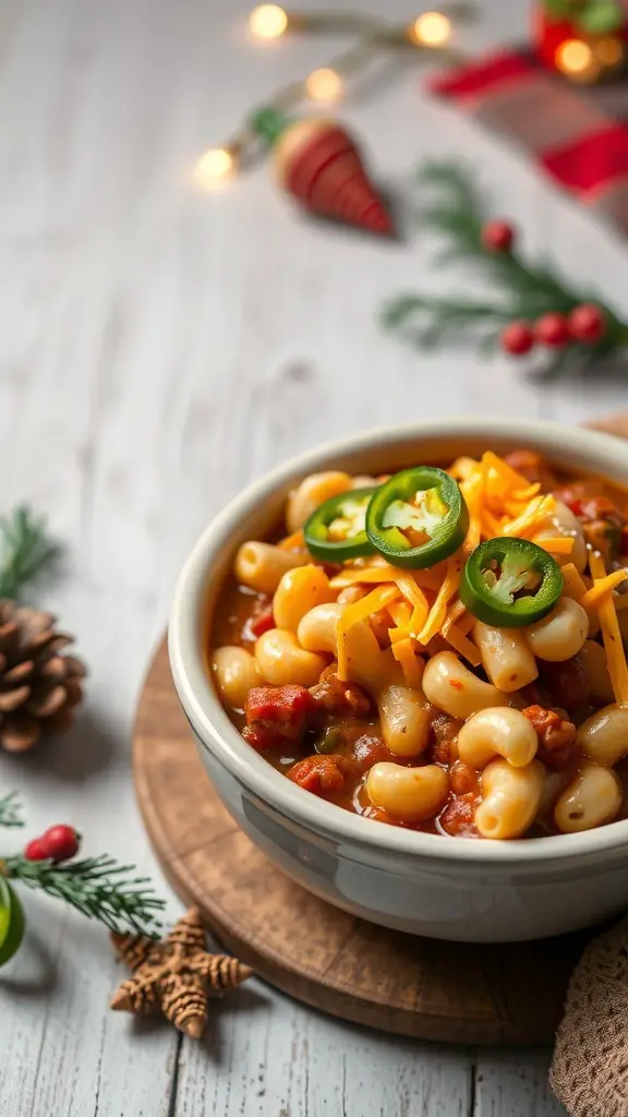 A bowl of Chili Mac and Cheese topped with cheese and jalapeños, surrounded by festive decorations.