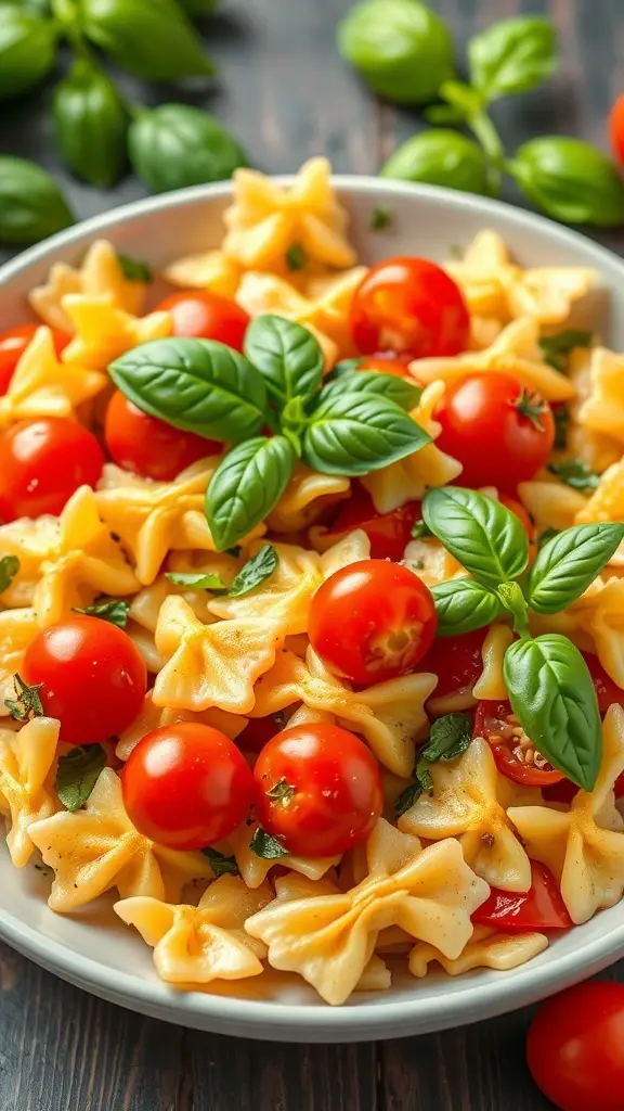 A bowl of bow tie pasta salad with cherry tomatoes and fresh basil leaves.