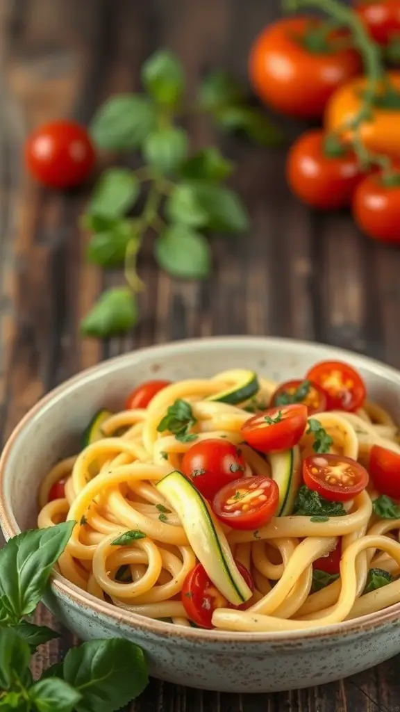 A bowl of Pasta Primavera with cherry tomatoes and zucchini, garnished with fresh basil.
