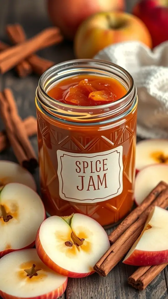 A jar of spiced apple jam with apple slices and cinnamon sticks