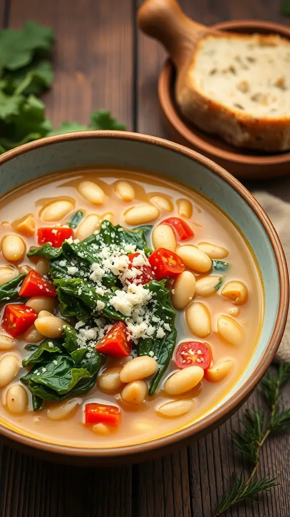 A bowl of Tuscan White Bean Soup with spinach and tomatoes, served with a slice of bread.