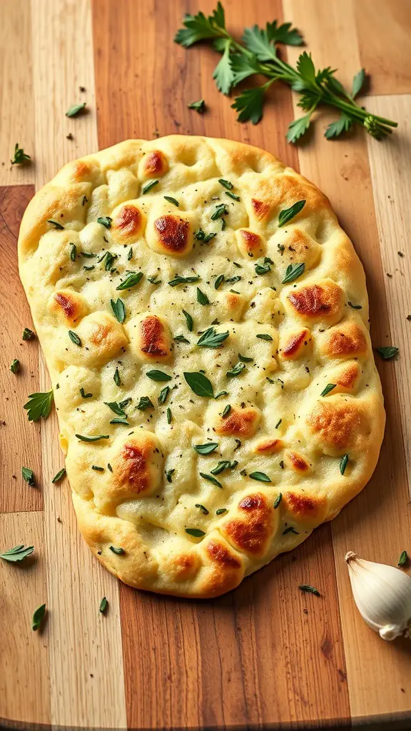 Savory Herb and Garlic Flatbread on a wooden board with fresh herbs