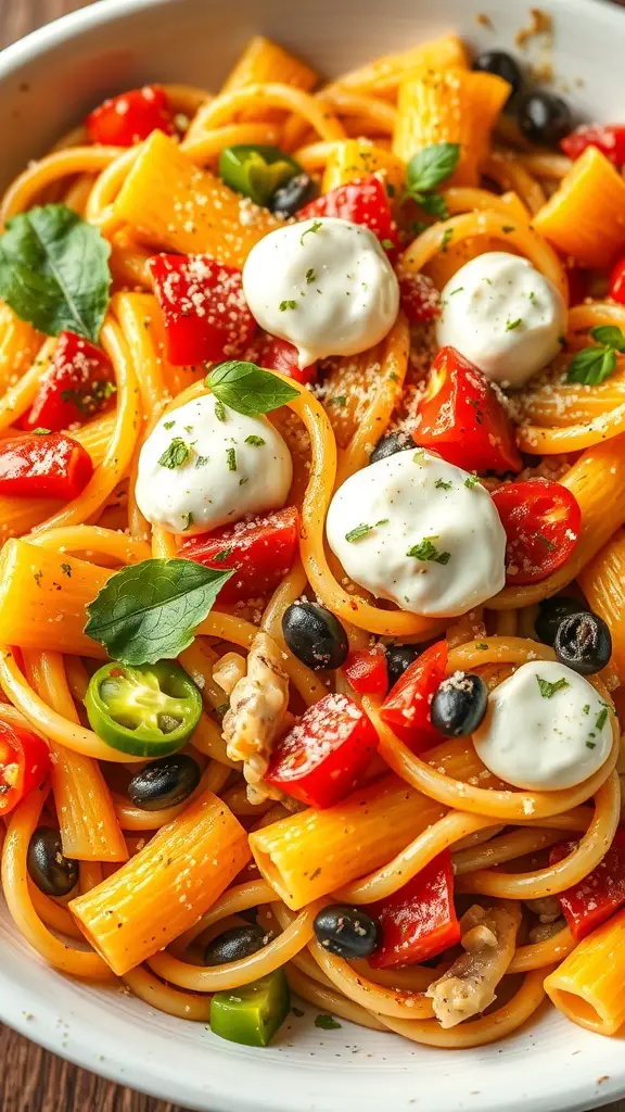 A bowl of baked pasta primavera with fresh vegetables, topped with mozzarella.