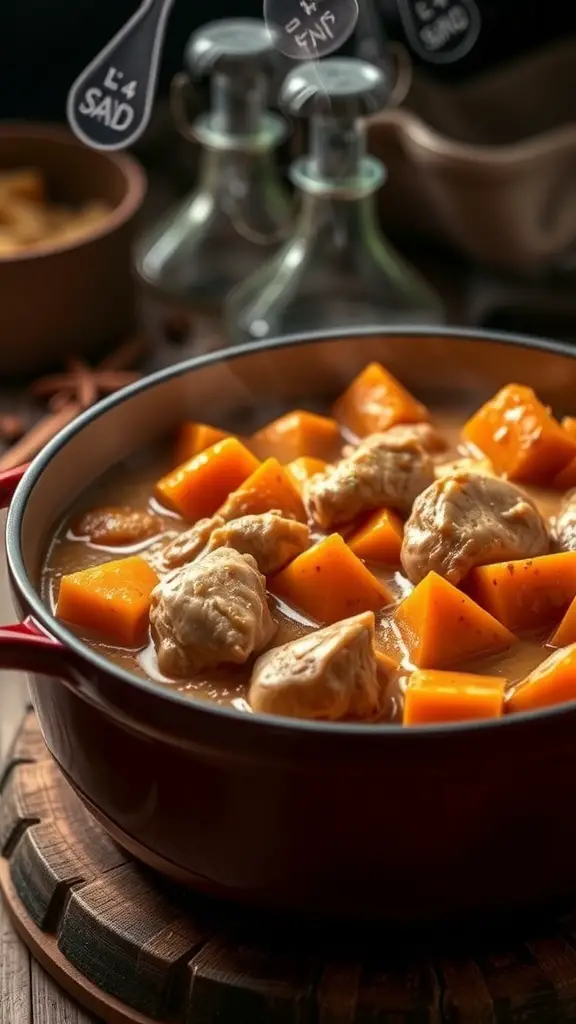 A pot of turkey and sweet potato stew with chunks of sweet potato and turkey pieces.