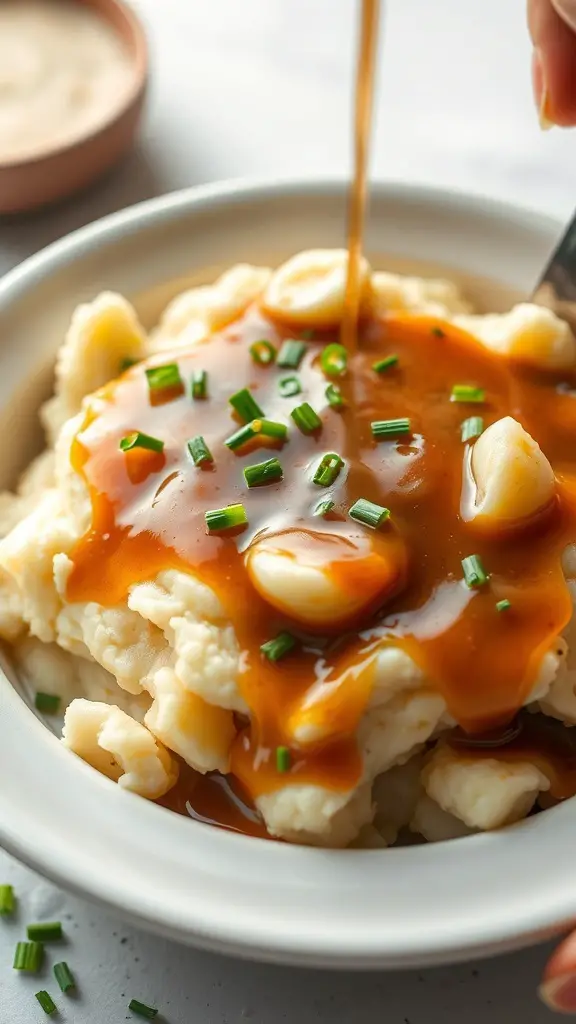 Creamy garlic mashed potatoes topped with gravy and chives