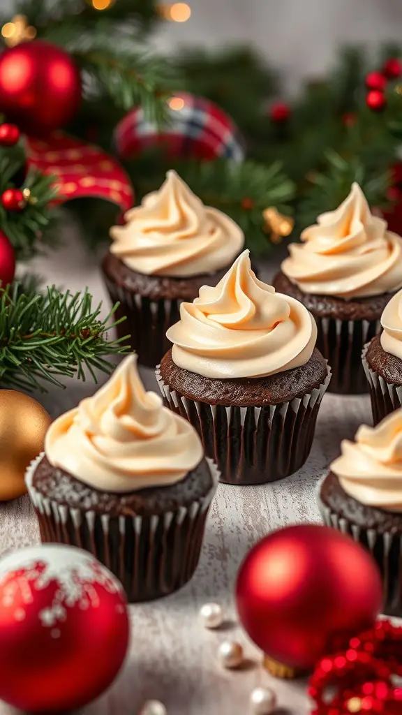 Chocolate eggnog cupcakes with creamy frosting, surrounded by holiday decorations