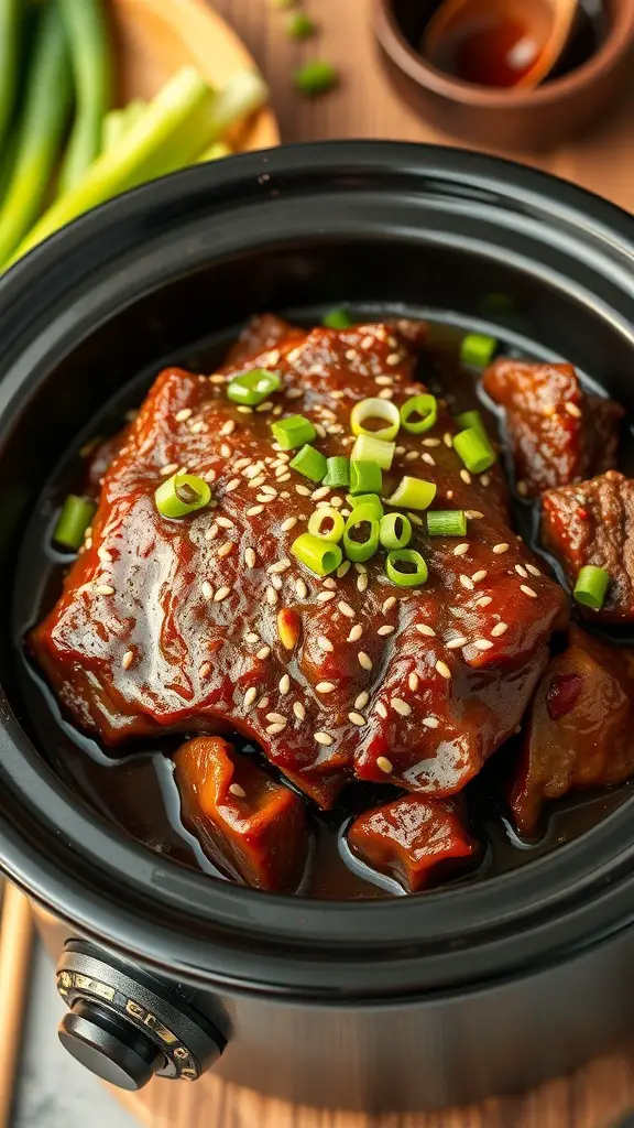 A pot roast in a crock pot, topped with green onions and sesame seeds, surrounded by vegetables.