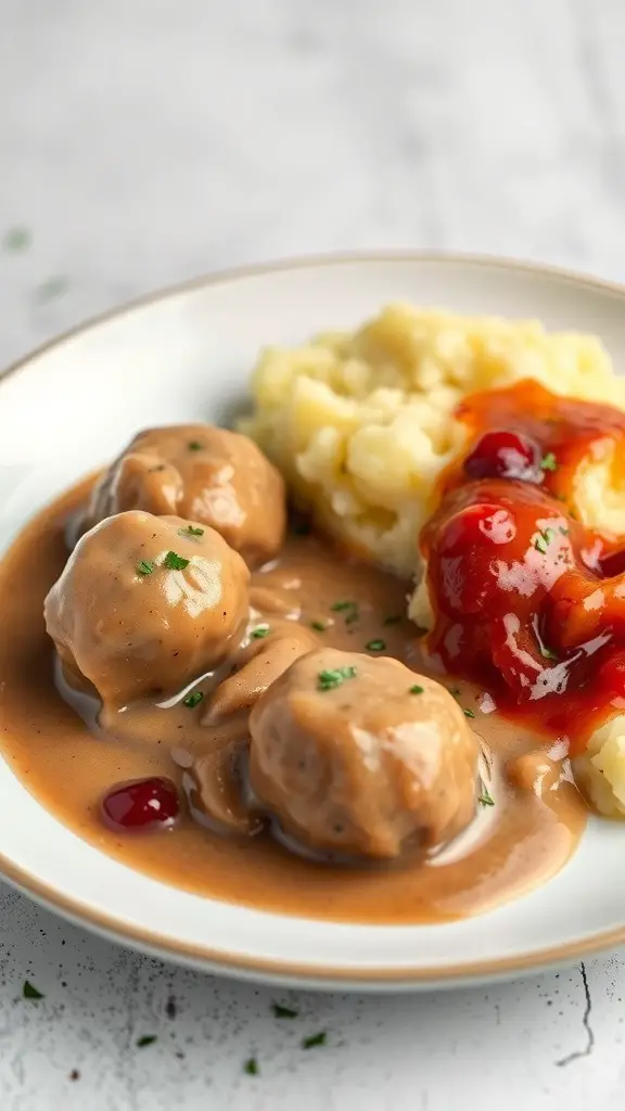 Plate of Swedish meatballs with creamy gravy, mashed potatoes, and lingonberry sauce.