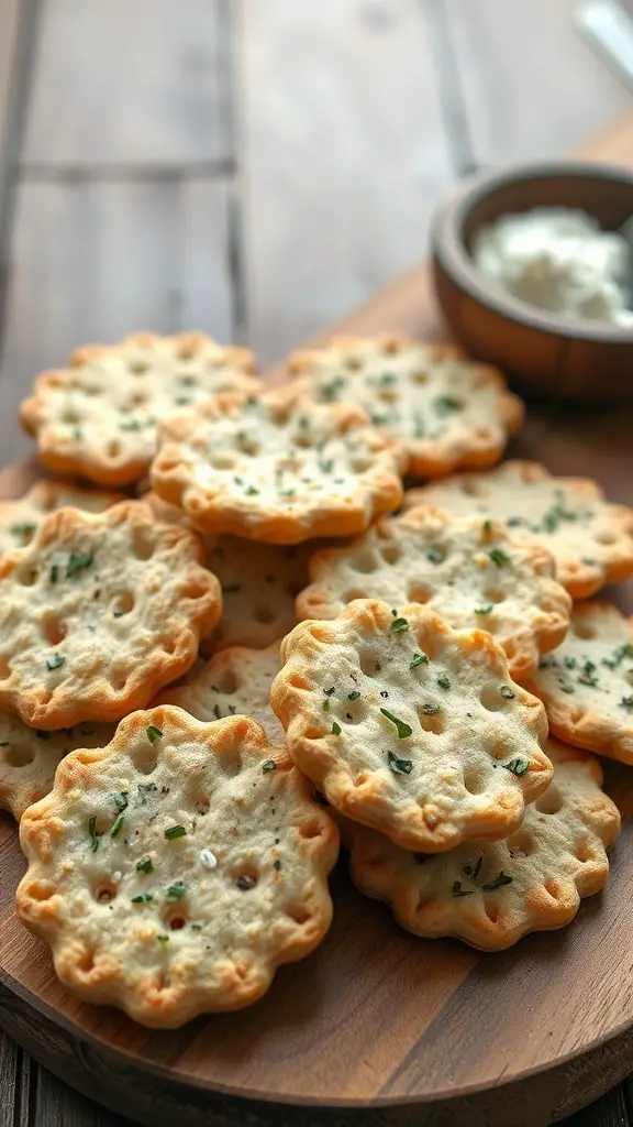 A plate of homemade sourdough discard crackers with herbs, served with a small bowl of dip.