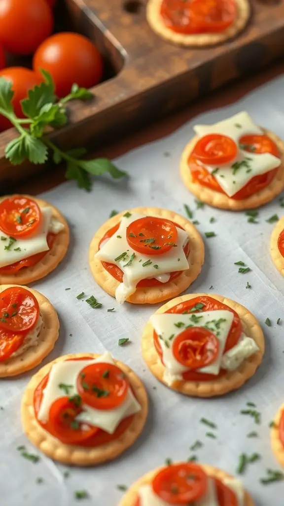 A plate of Saltine cracker pizza bites topped with cheese and tomatoes, garnished with herbs.