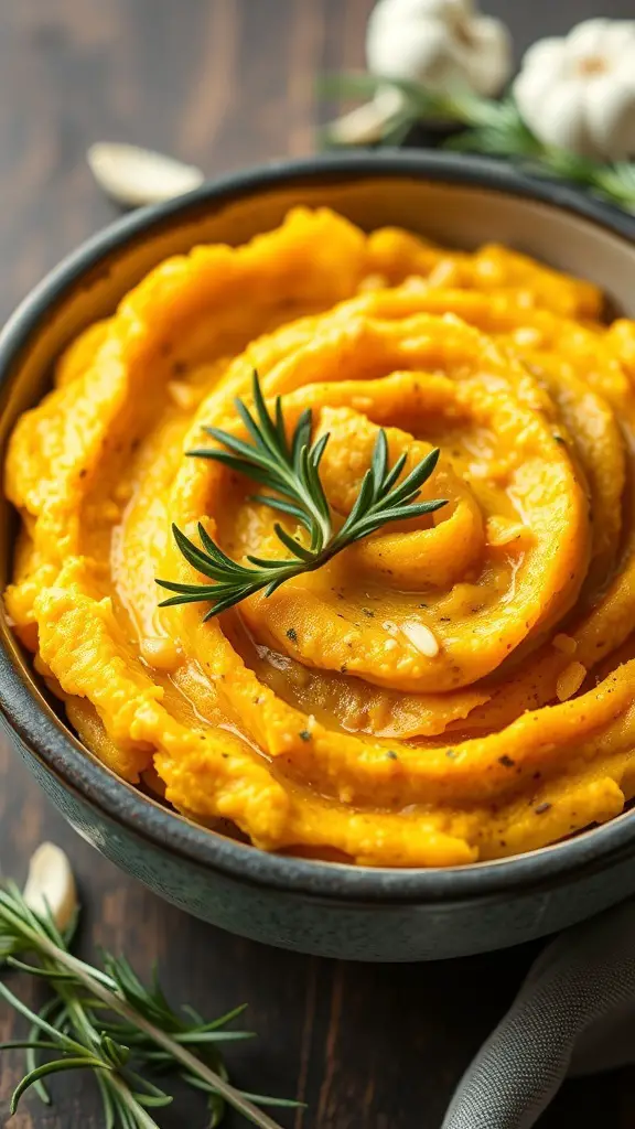 A bowl of creamy butternut squash mash with garlic, garnished with rosemary.
