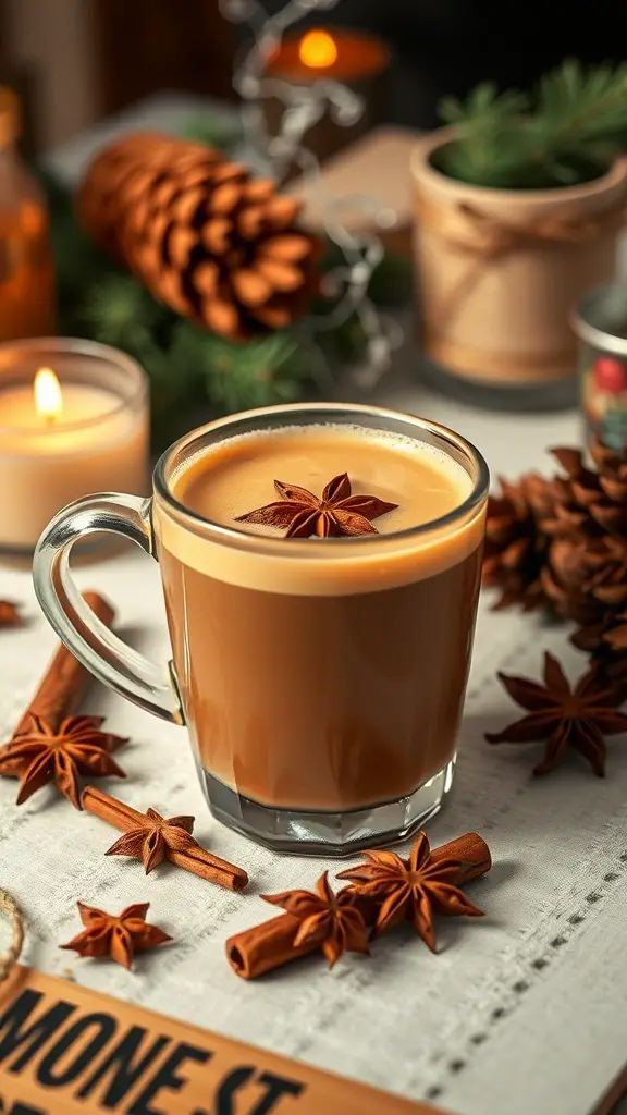 A cozy cup of holiday spiced chai latte with star anise and cinnamon sticks, surrounded by festive decorations.