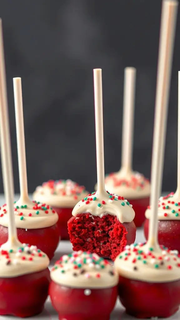 Red velvet cake pops with cream cheese frosting, decorated with colorful sprinkles.