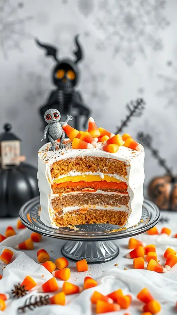 A colorful Candy Corn Cake with layers of orange and yellow filling, topped with candy corn and a cute figure, surrounded by more candy corn.