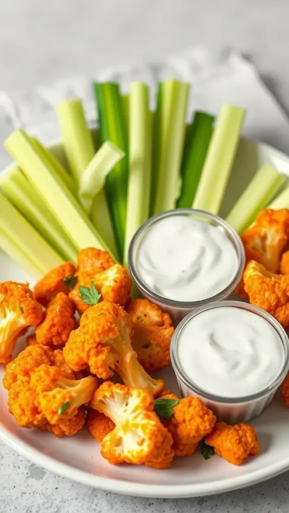 A plate of buffalo cauliflower bites with celery sticks and dipping sauces